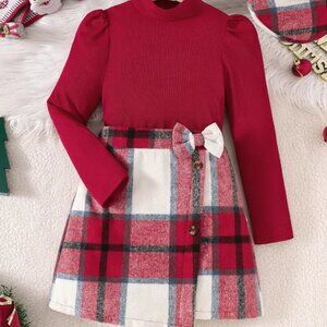 Children's Long Sleeve Top and Plaid Skirt Set